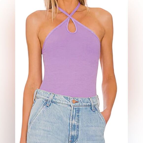 NWT Enza Costa Purple Ribbed Silk Blend Halter Keyhole Bodysuit Size S - MSRP $1 - Picture 1 of 10